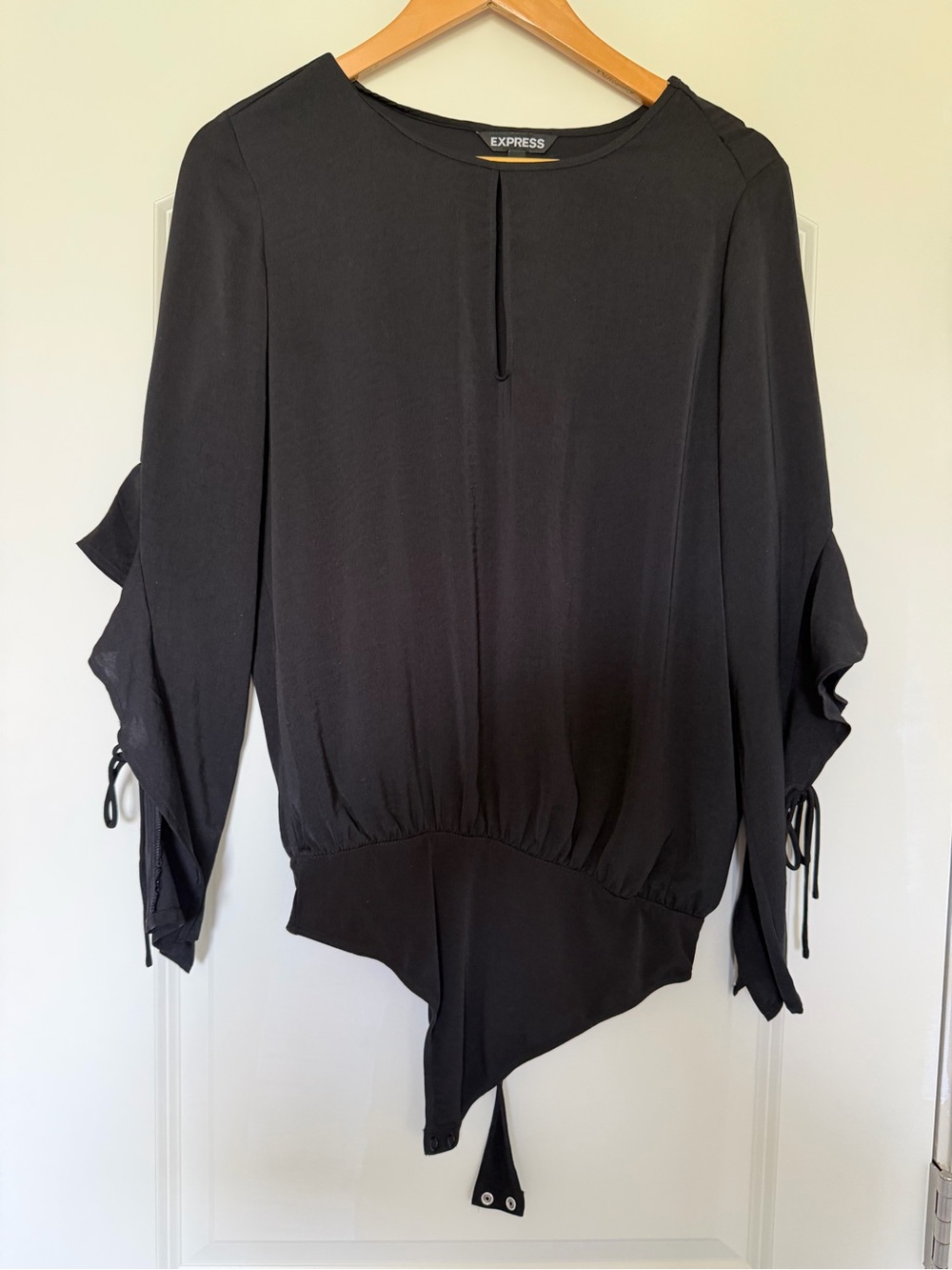 Express Black Asymmetrical Tie-Sleeve Bodysuit